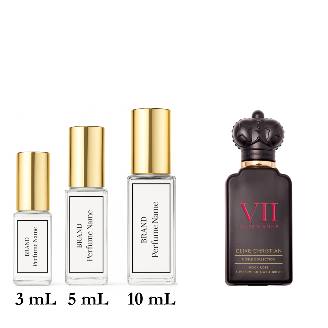 Set of Clive Christian perfume bottles with different sizes on a white background
