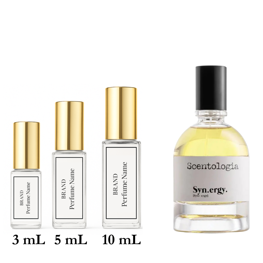 Set of perfume bottles with different sizes on a white background