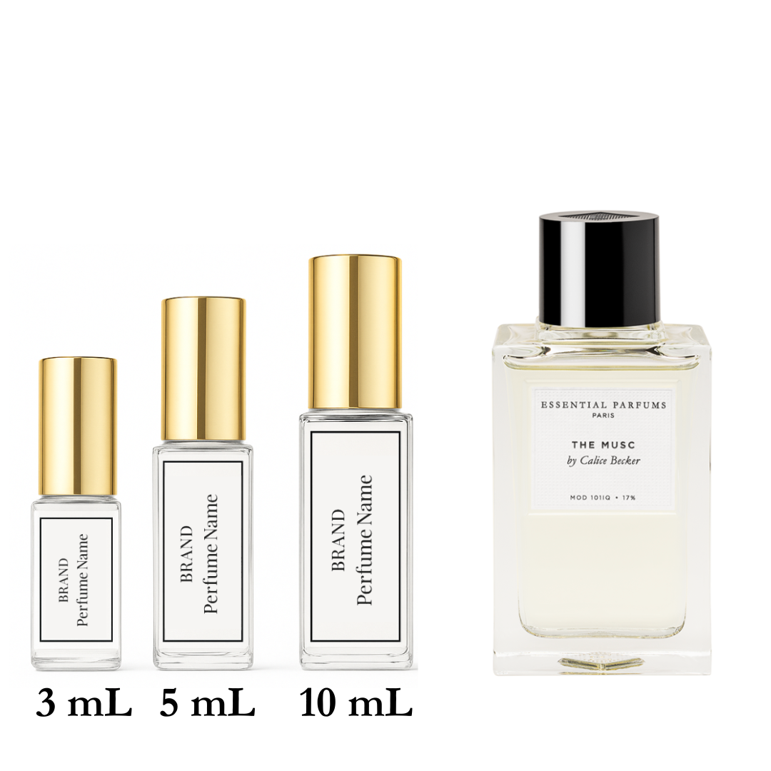 Set of four perfume bottles with different sizes on a white background