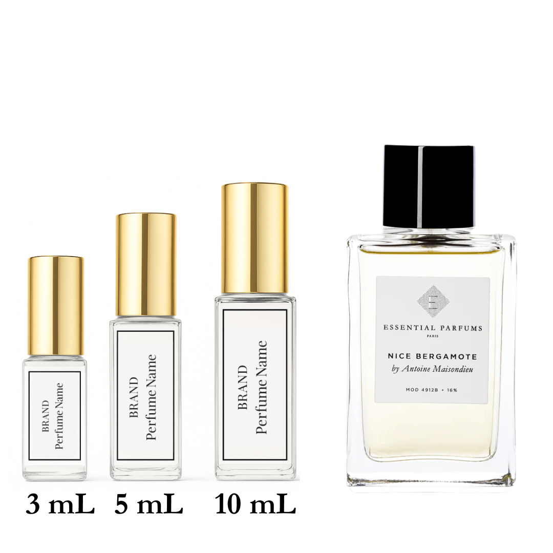 Set of perfume bottles with different sizes on a white background