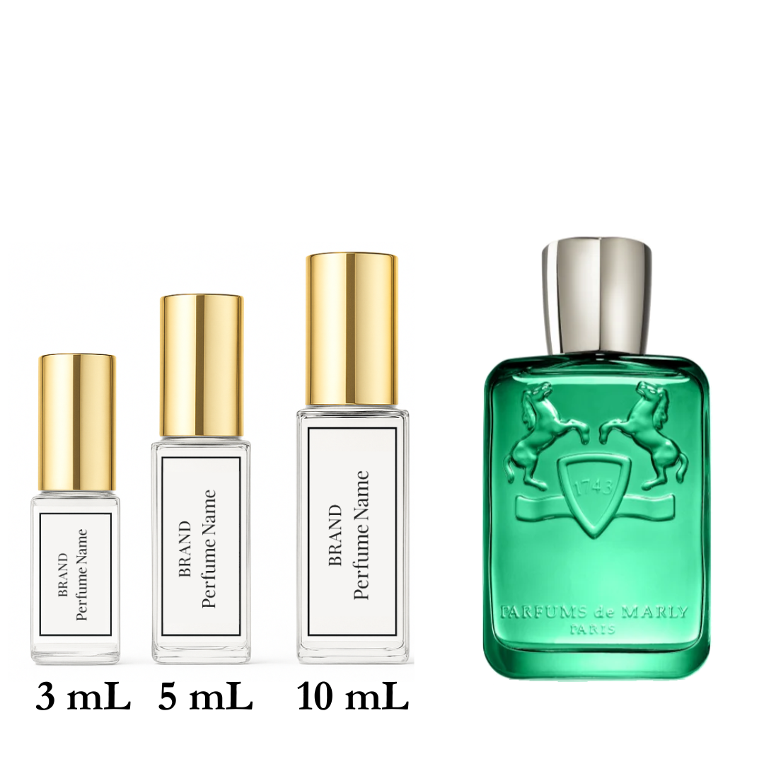 Collection of perfume bottles with different sizes on a white background
