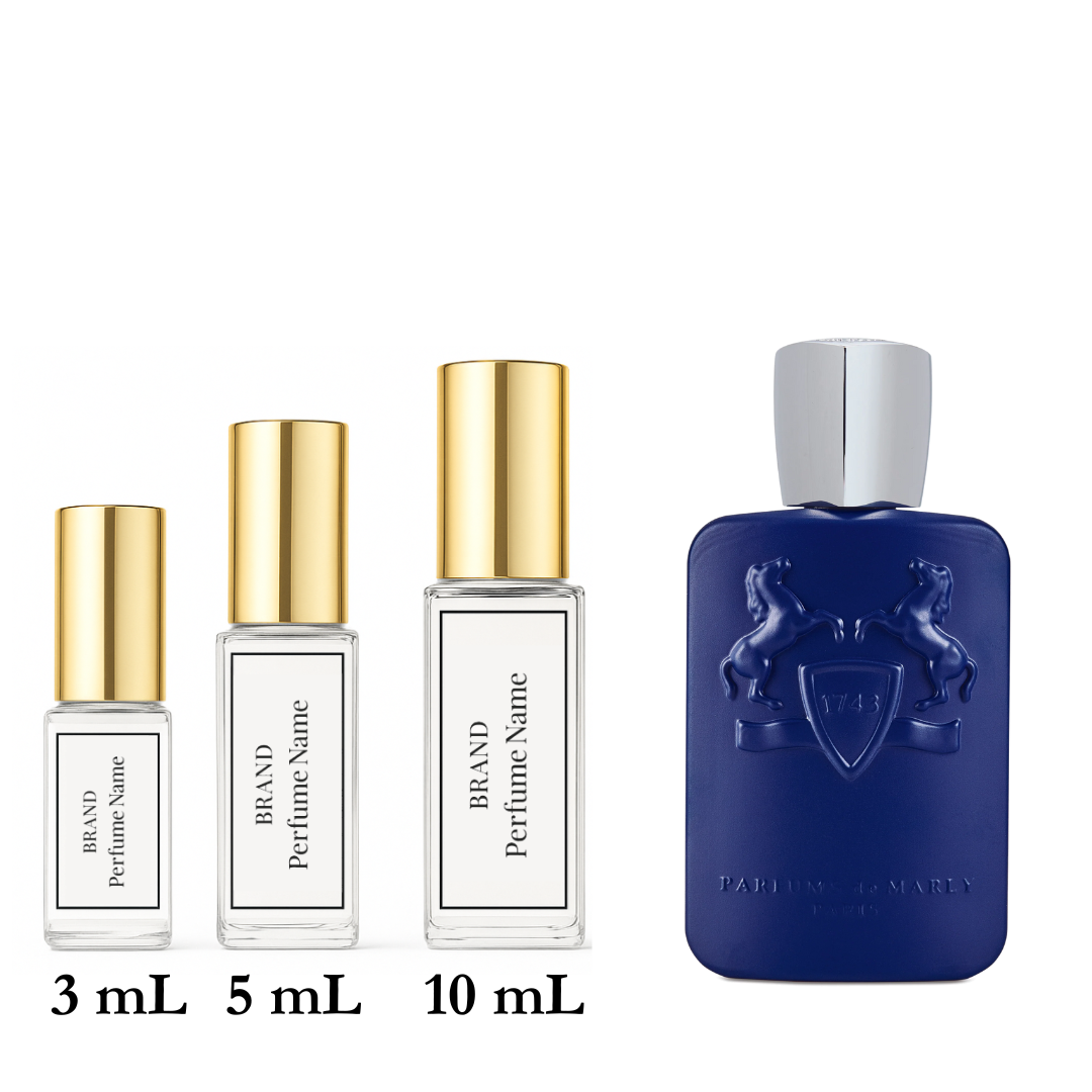 Set of perfume bottles with different sizes on a white background
