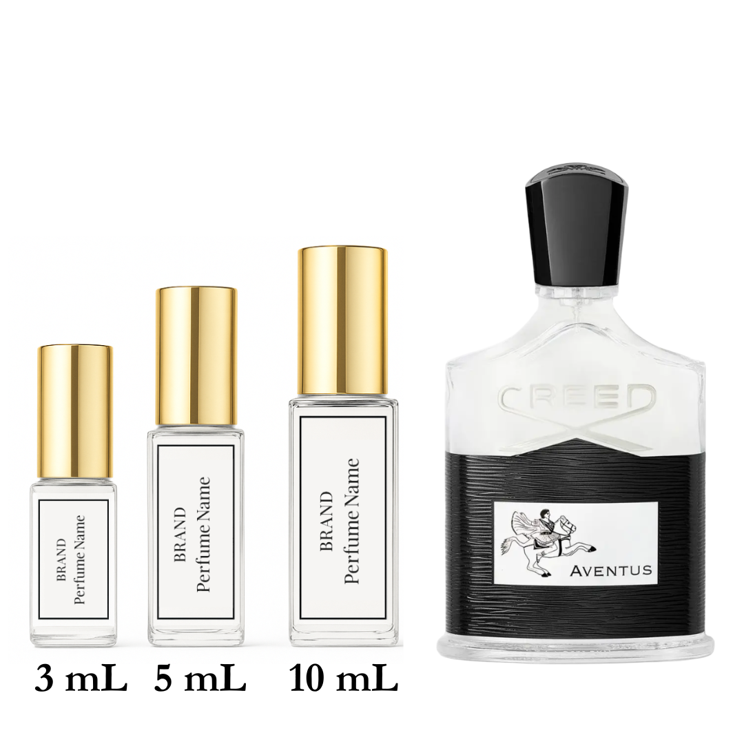 Collection of Creed perfume bottles with different sizes on a white background