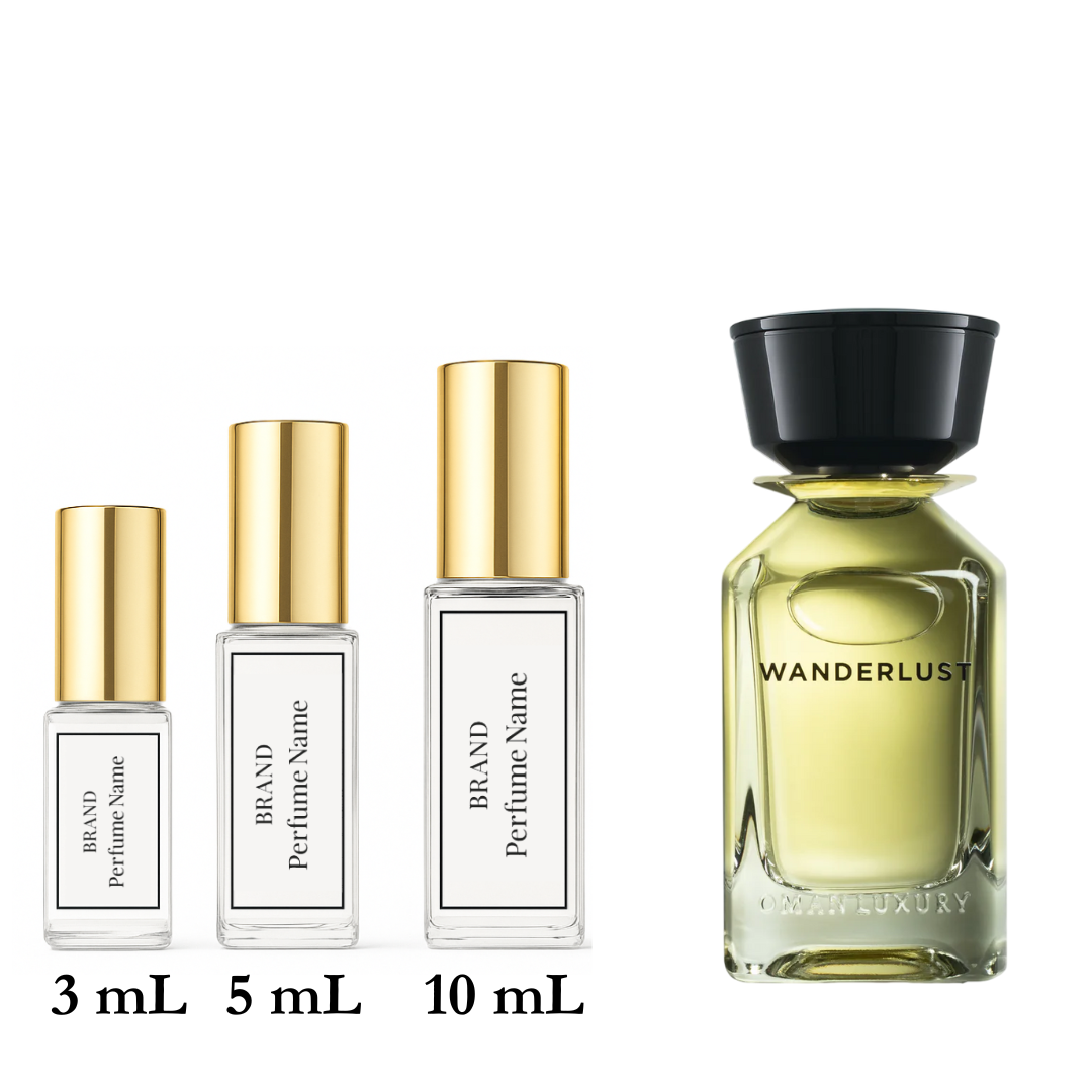 Set of perfume bottles with different sizes labeled on a white background