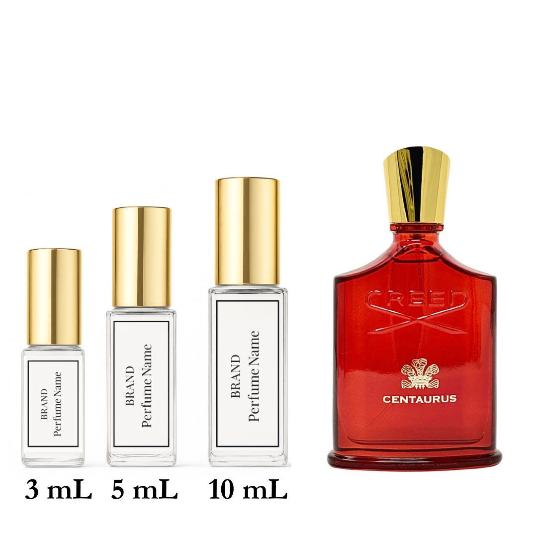 Set of Creed perfume bottles with different sizes on a white background