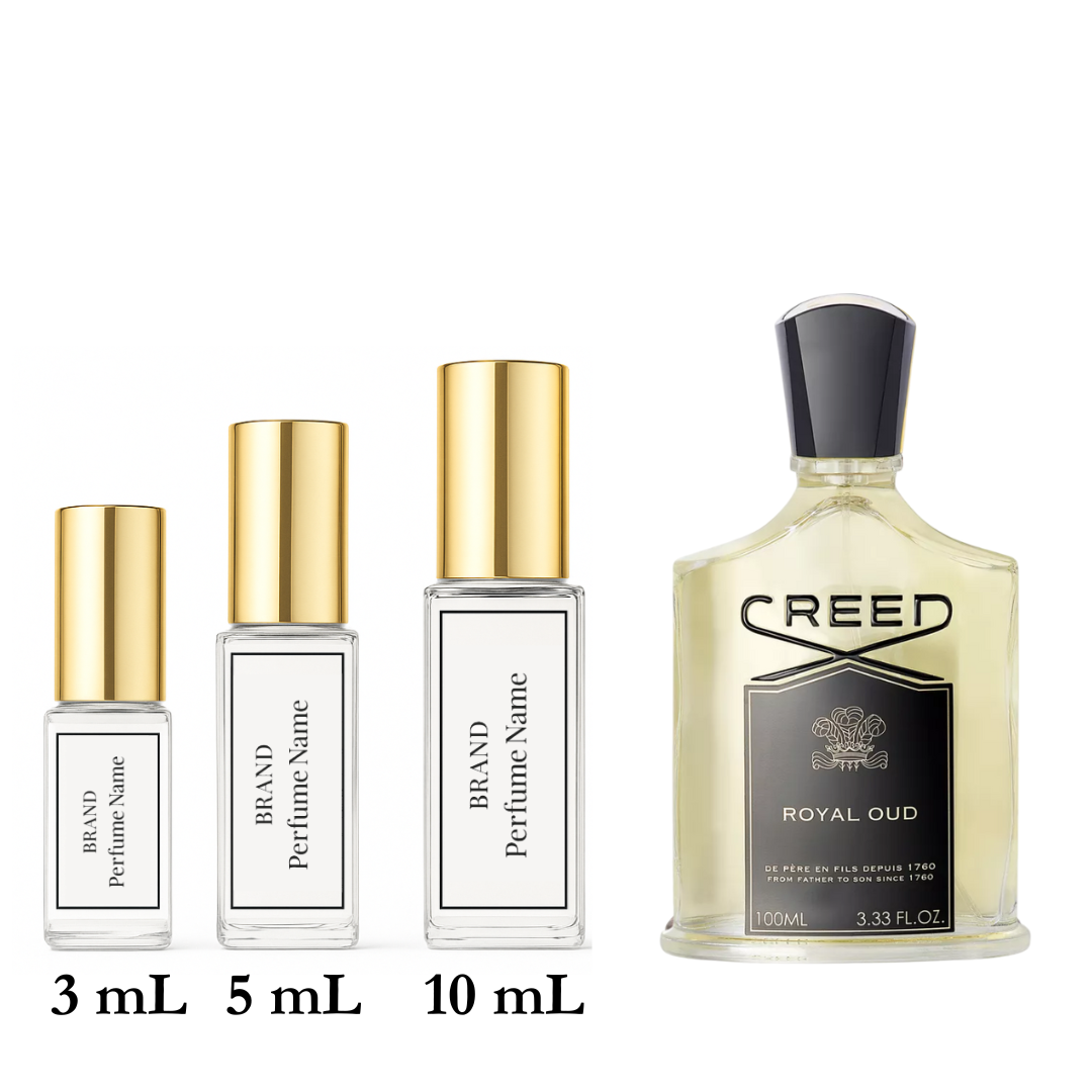 Collection of Creed Royal Oud perfume bottles with different sizes on a white background