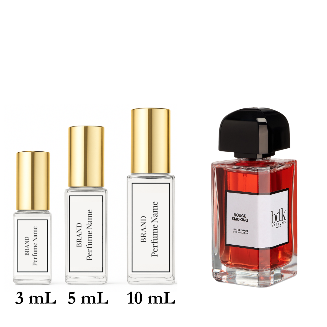 Set of perfume bottles with different sizes on a white background