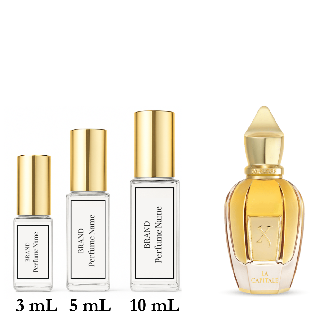 Set of four perfume bottles with gold caps on a white background