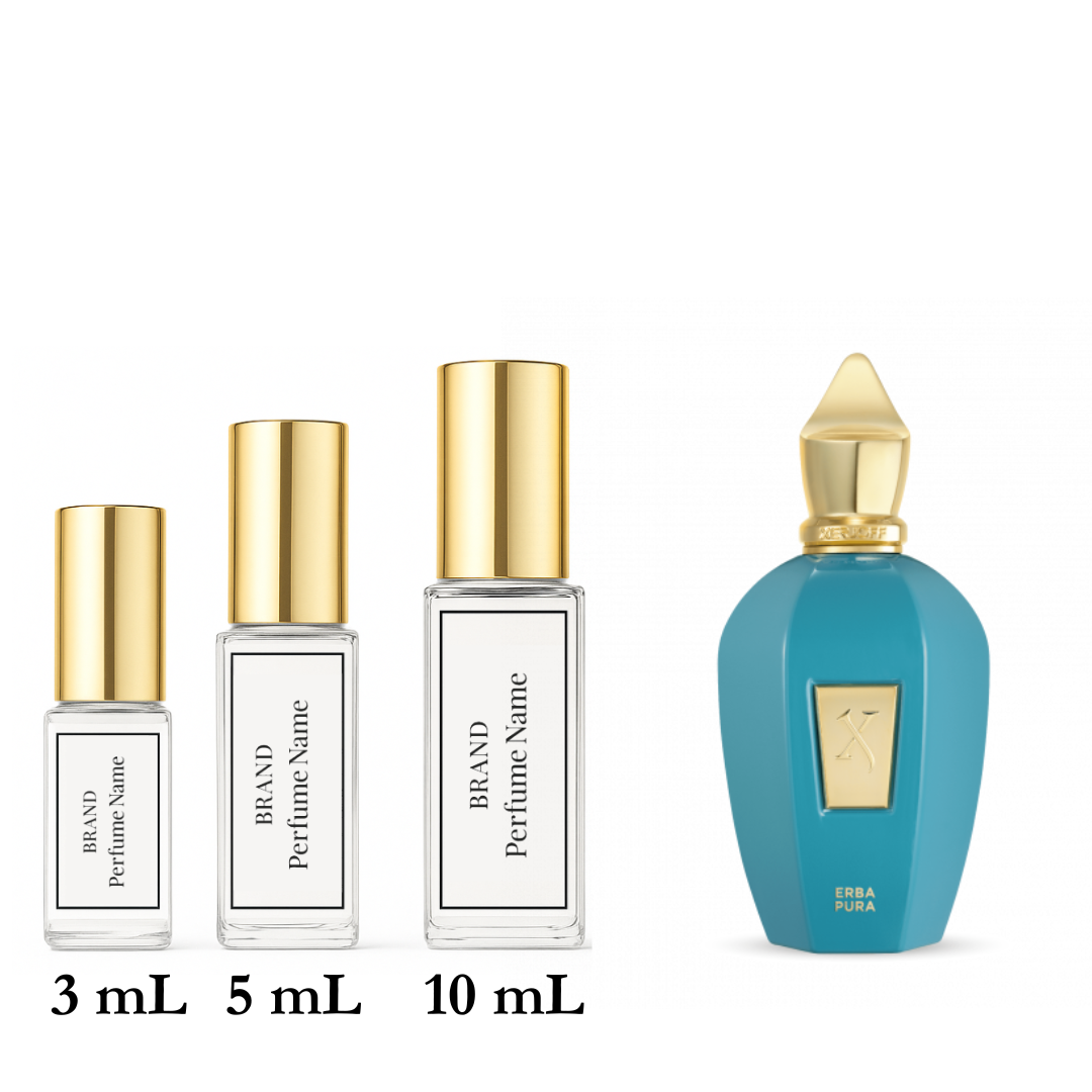 Set of perfume bottles with different sizes on a white background