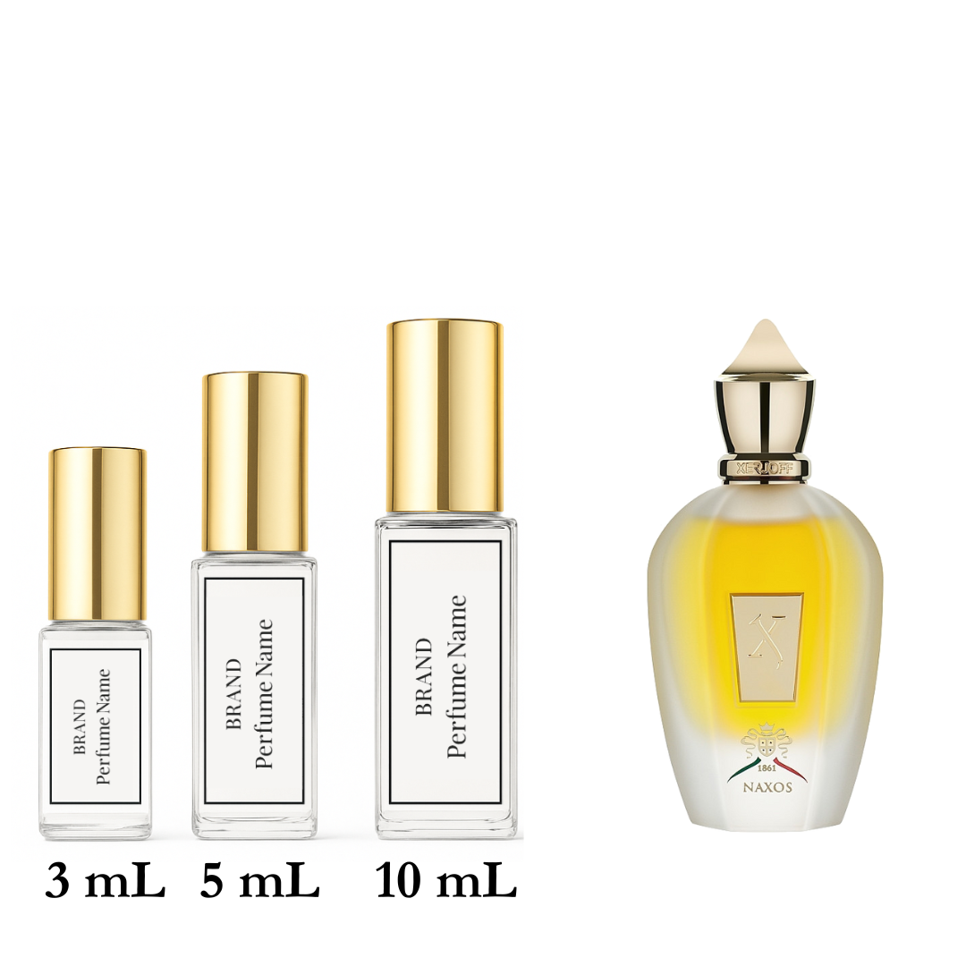 Set of four perfume bottles with varying sizes on a white background