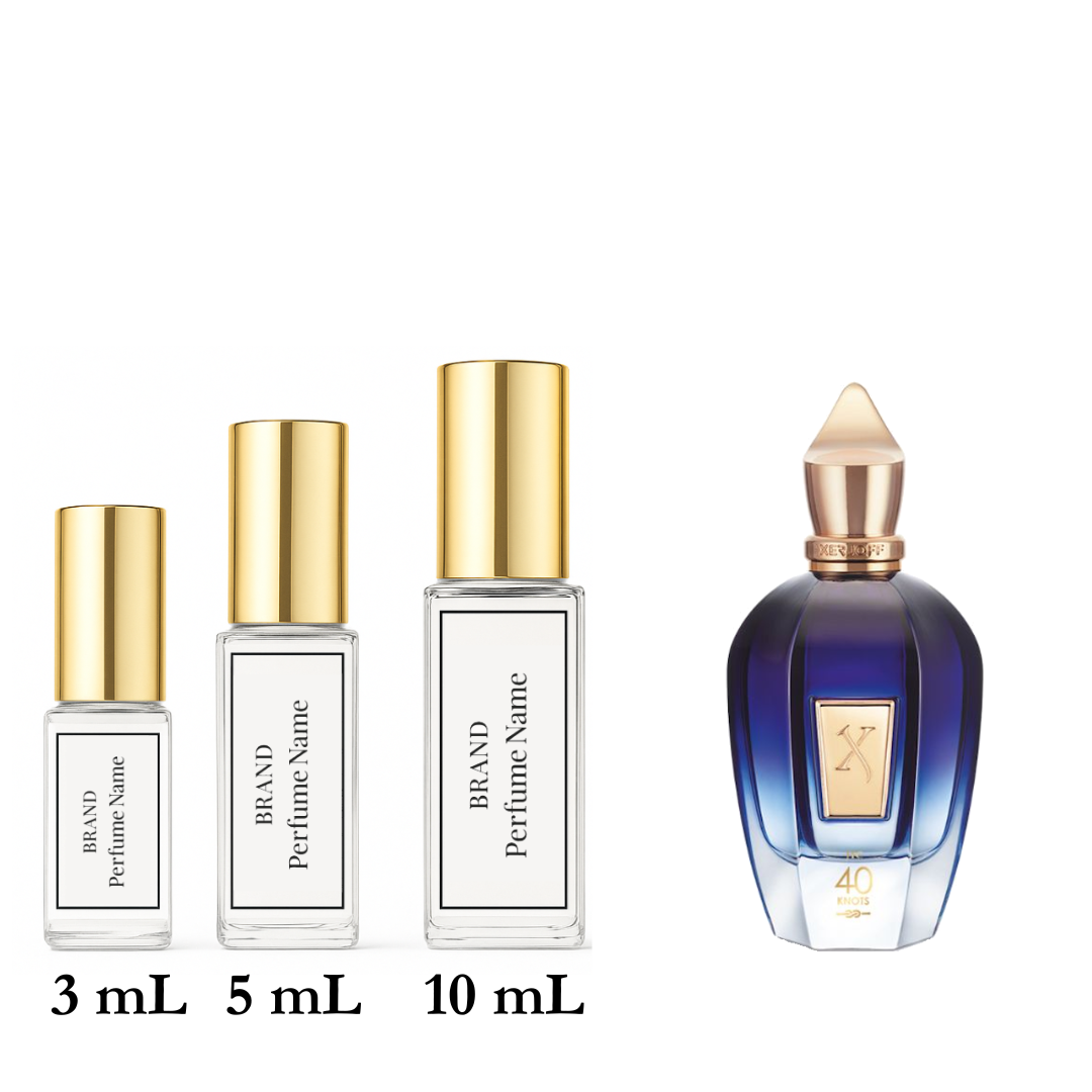 Set of four perfume bottles with different sizes on a white background