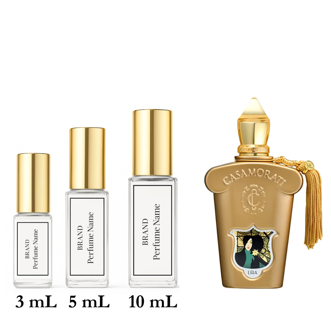 Set of Casamorati perfume bottles with different sizes on a white background