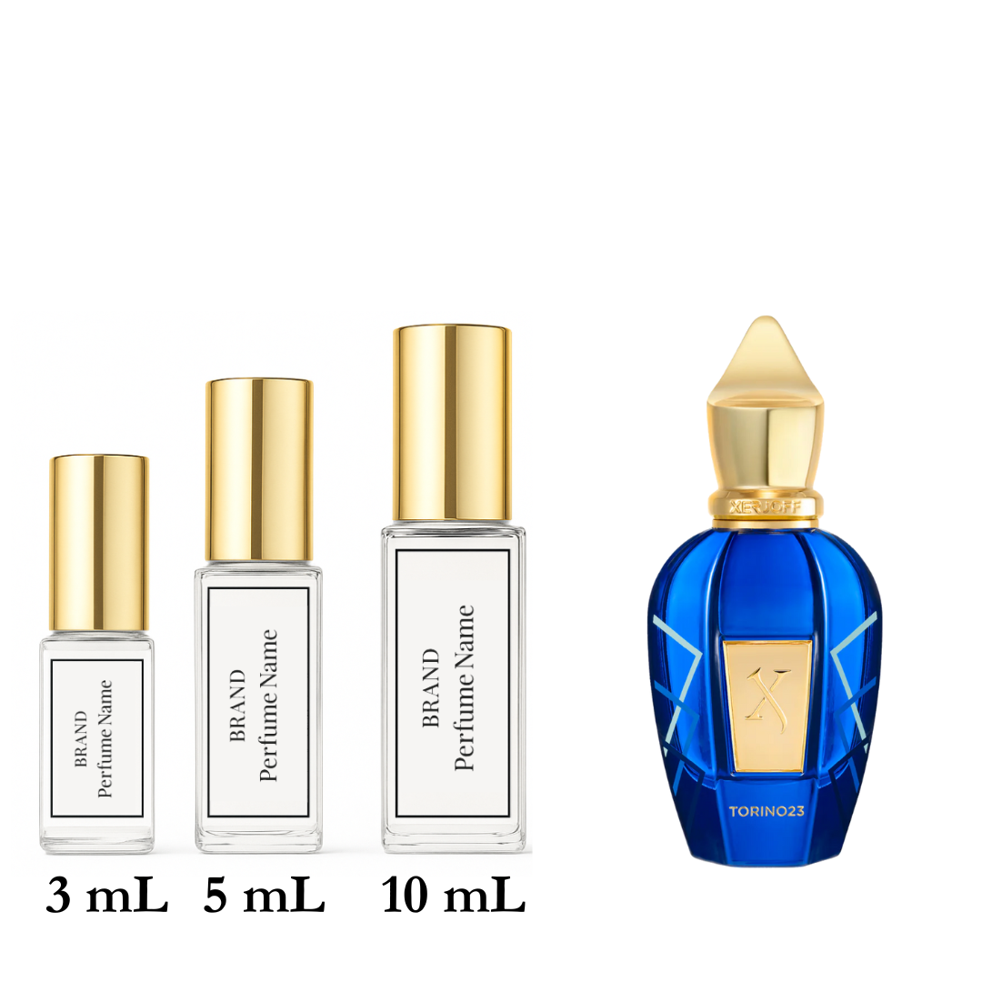 Set of four perfume bottles with varying sizes on a white background