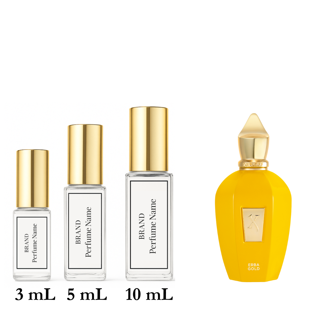 Set of four perfume bottles with varying sizes on a white background