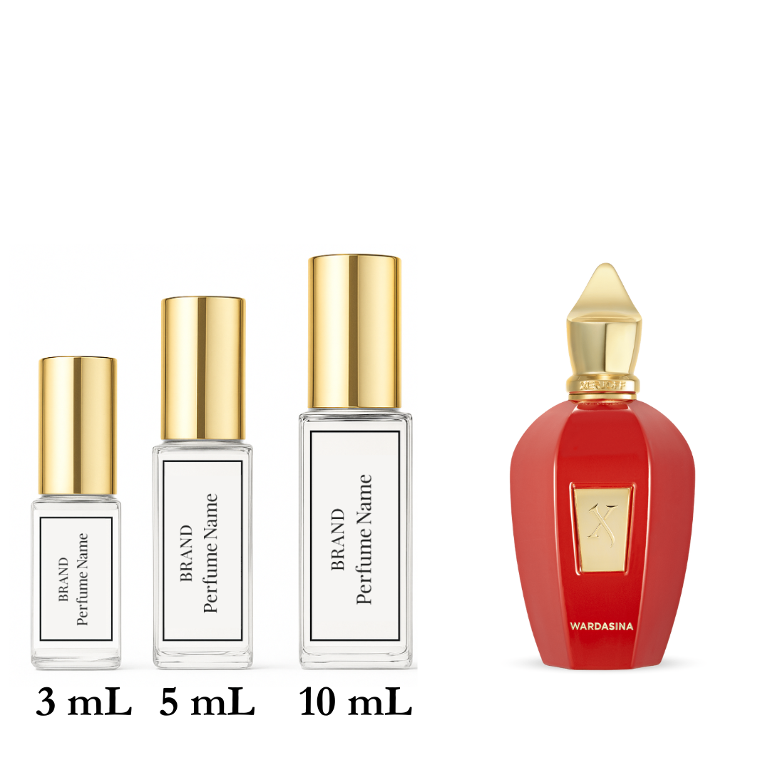 Set of four perfume bottles with varying sizes on a white background