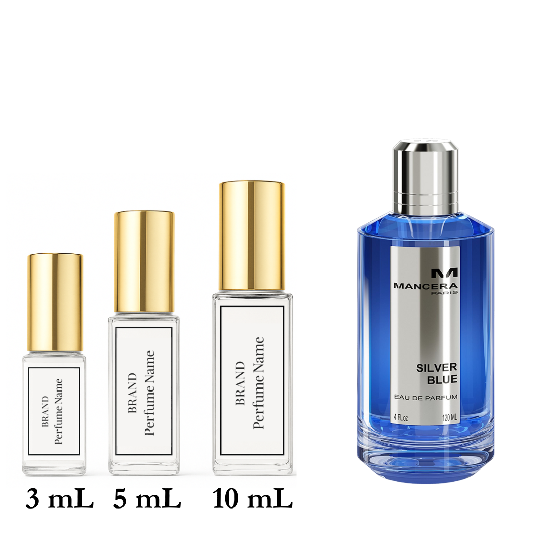 Set of Mancera Silver Blue perfume bottles with smaller sample bottles on a white background