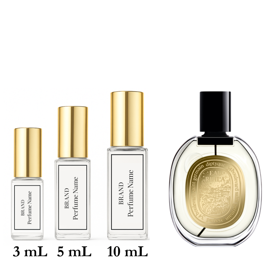 Set of perfume bottles with different sizes on a white background