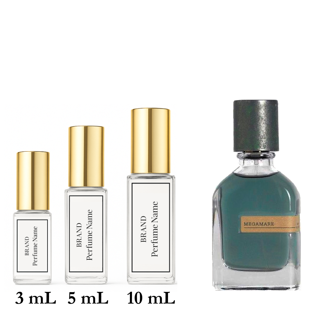 Set of perfume bottles with different sizes on a white background