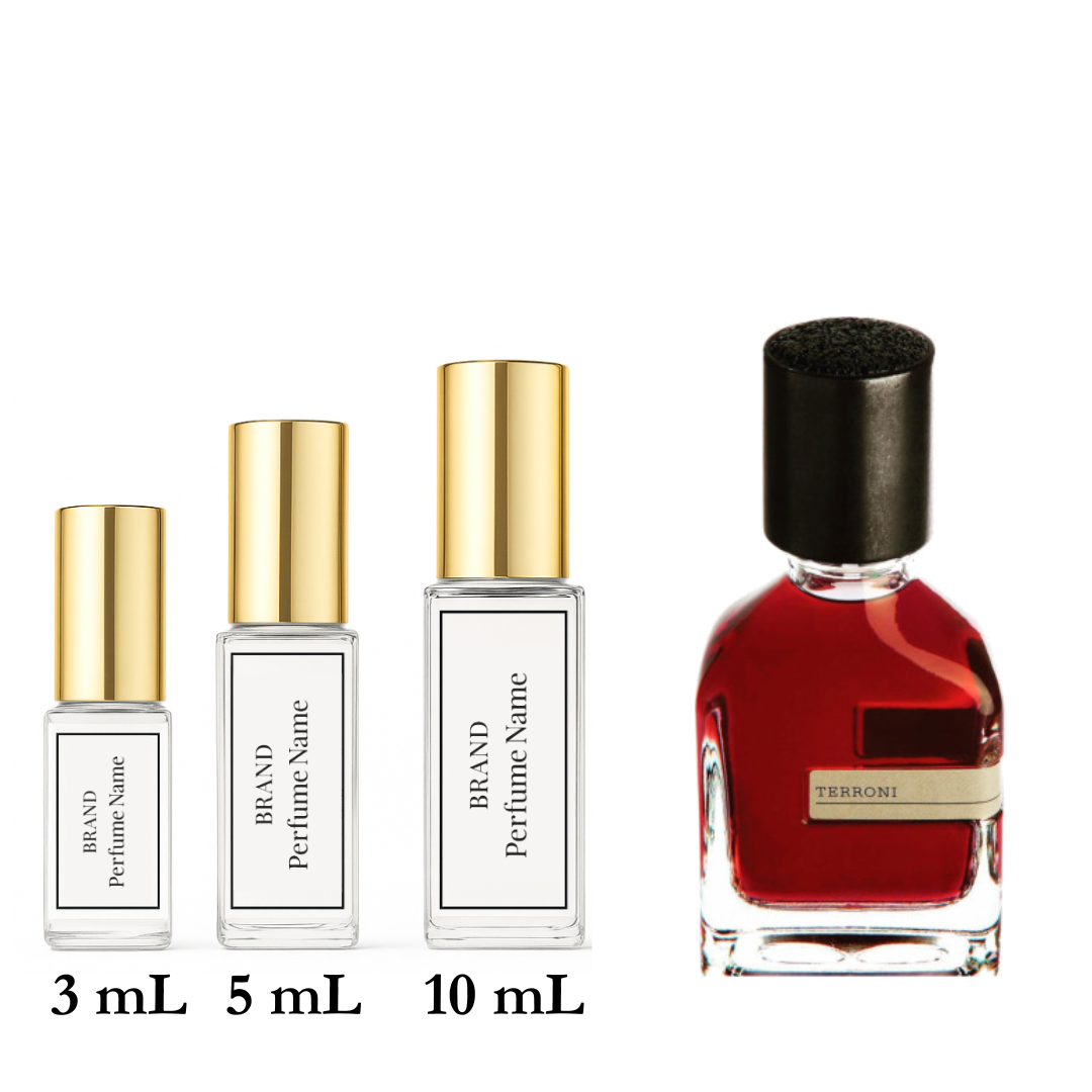 Set of four perfume bottles with different sizes on a white background