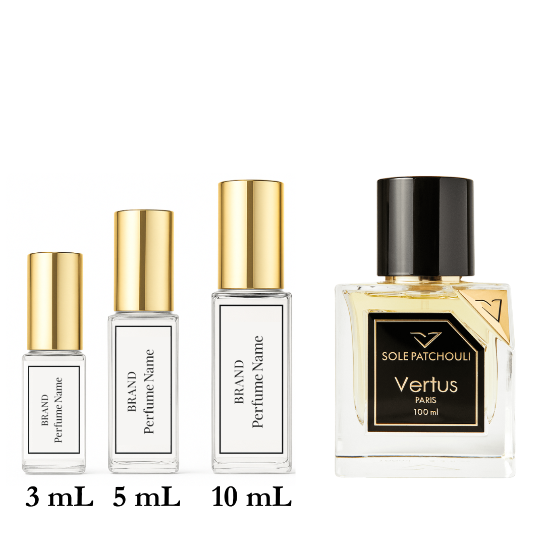 Set of four perfume bottles with varying sizes on a white background