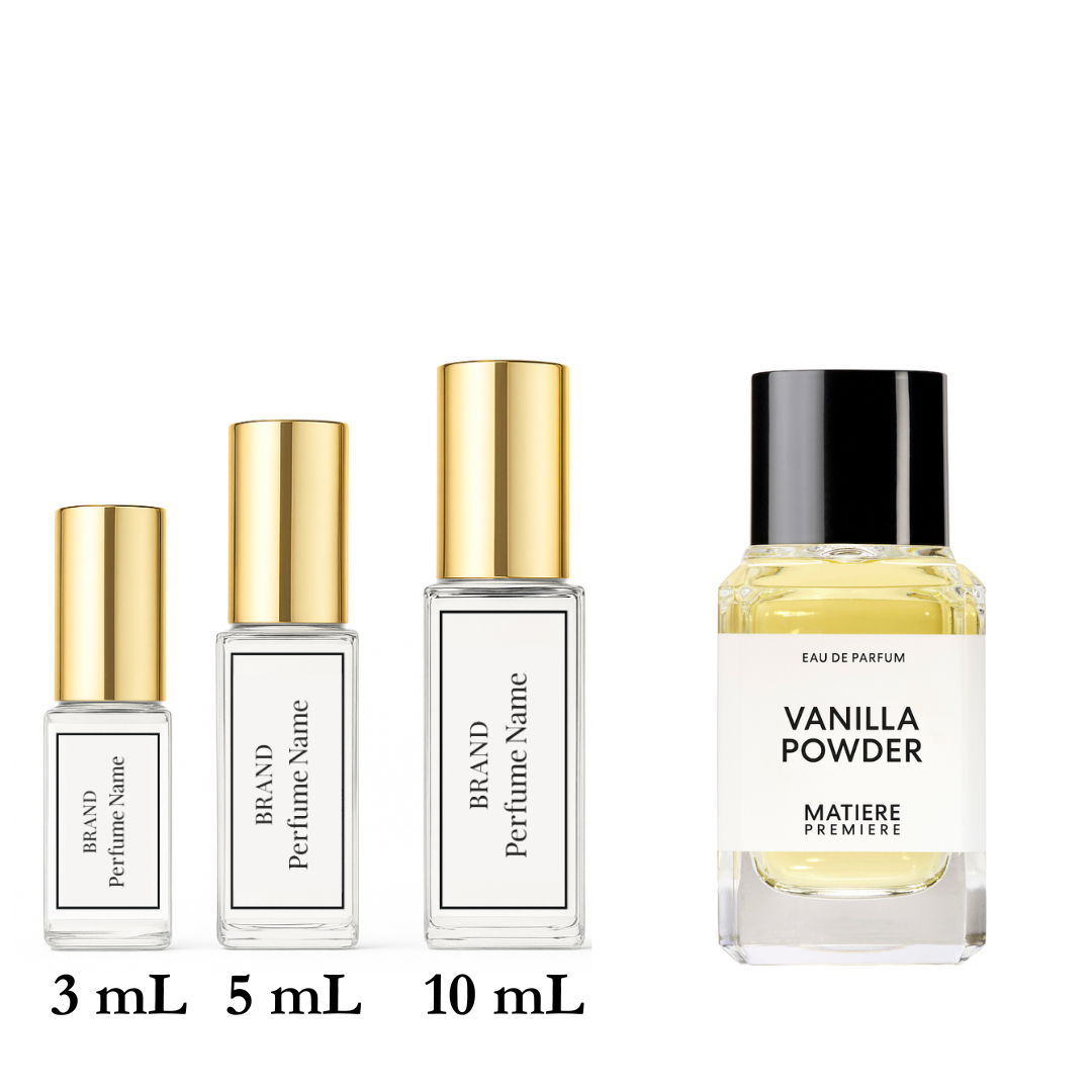 Four perfume bottles with different sizes on a white background