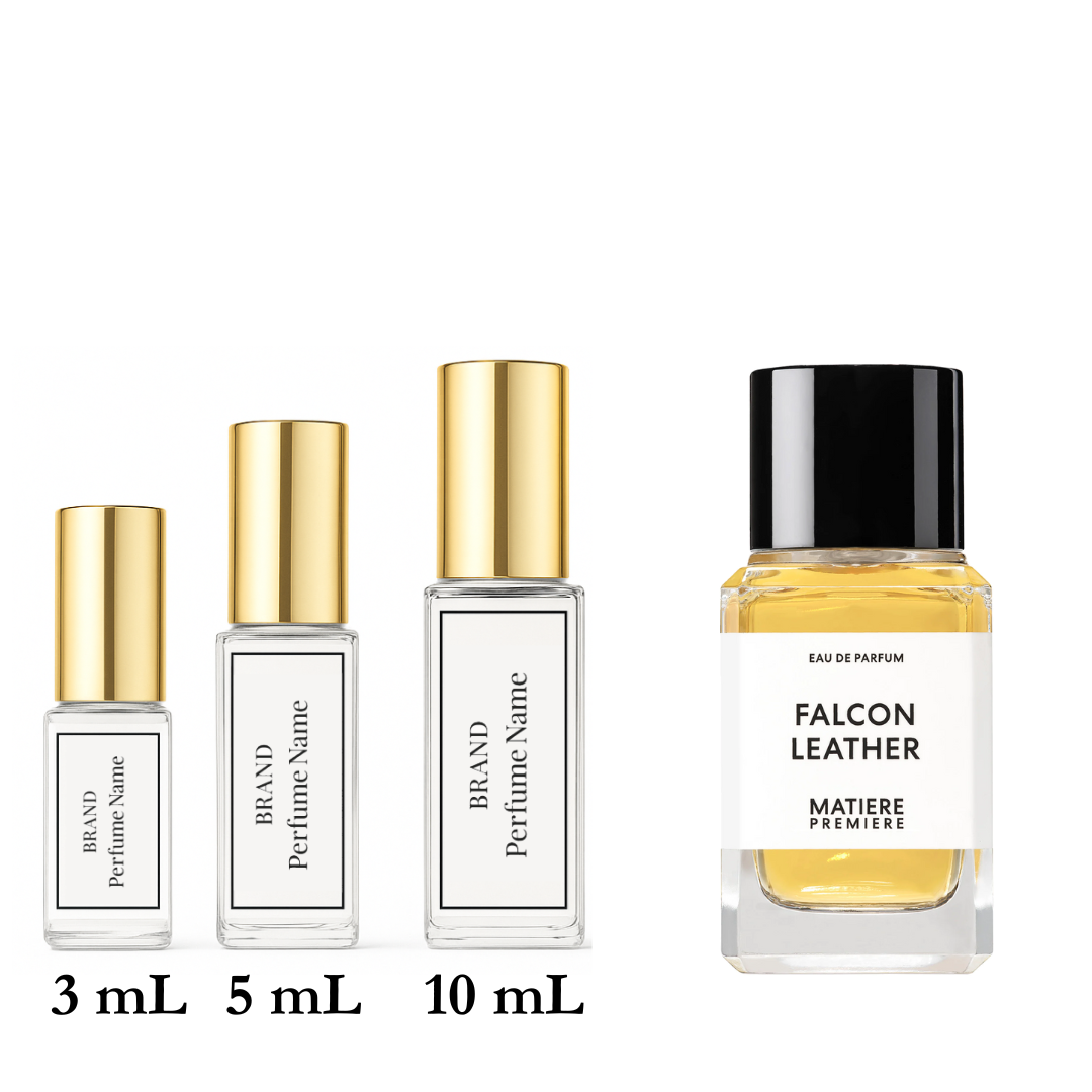 Set of perfume bottles with different sizes on a white background