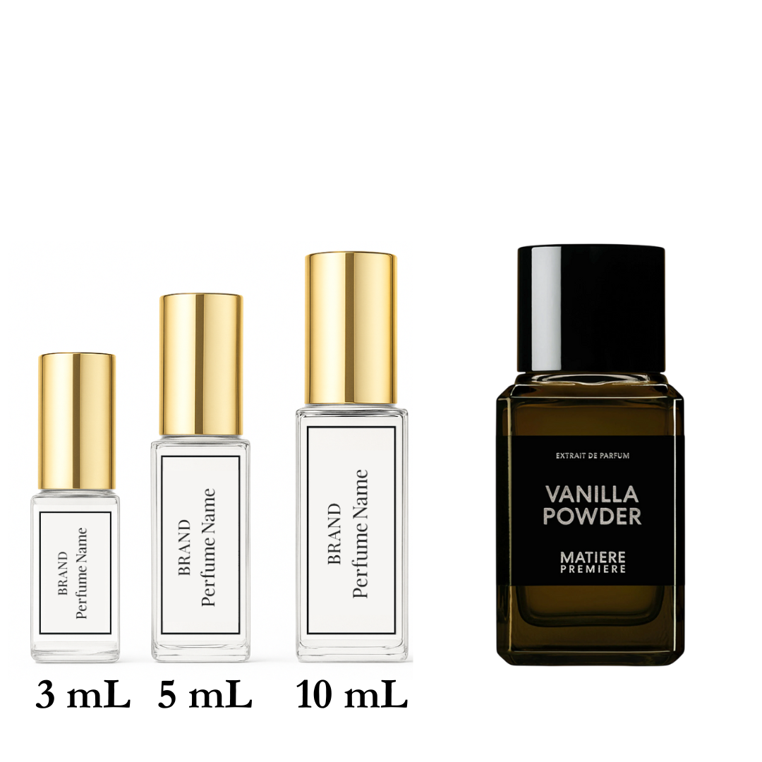 Set of perfume bottles with different sizes on a white background