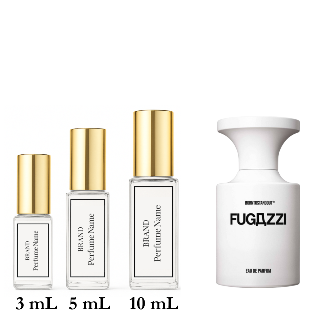 Set of perfume bottles with different sizes on a white background