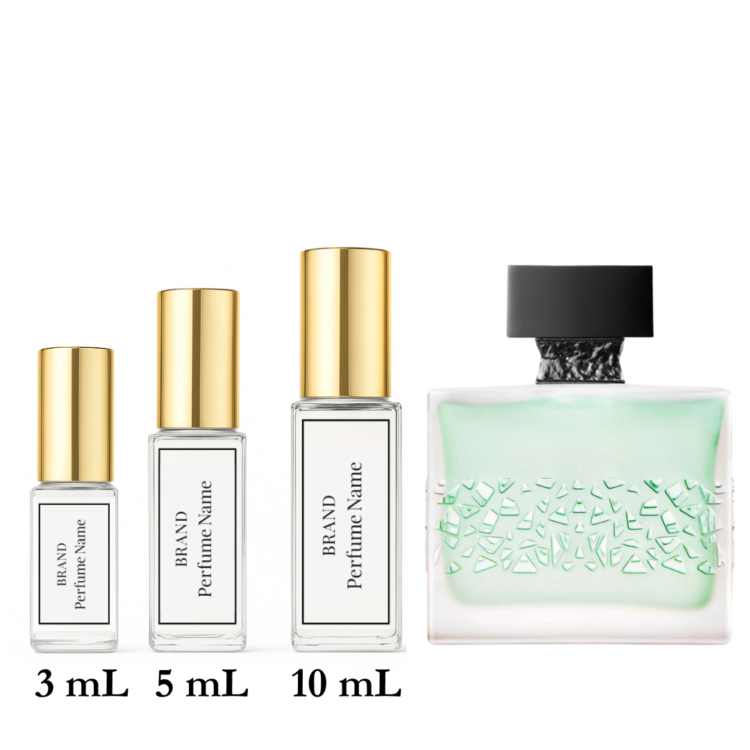 Set of perfume bottles with different sizes on a white background