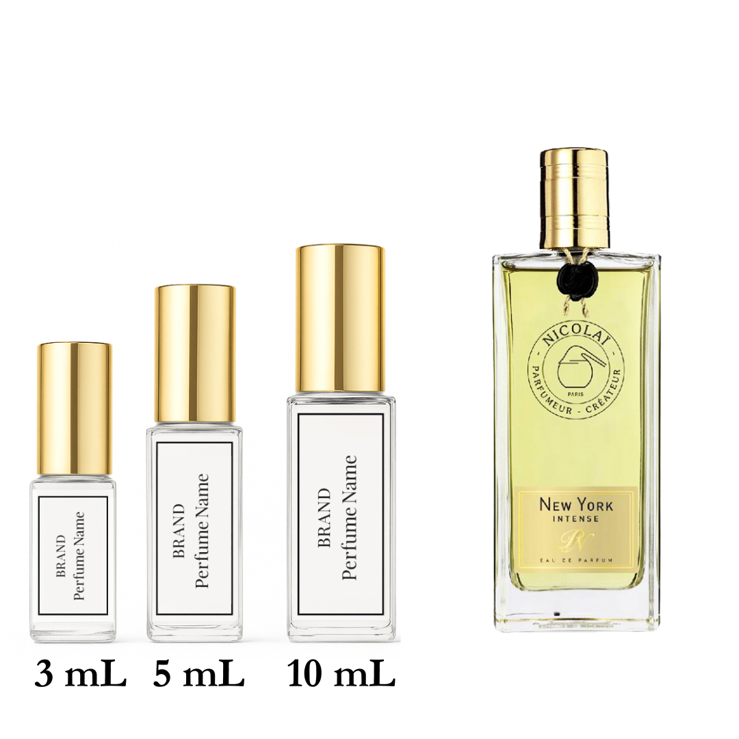 Set of Nicolai perfume bottles with different capacities on a white background