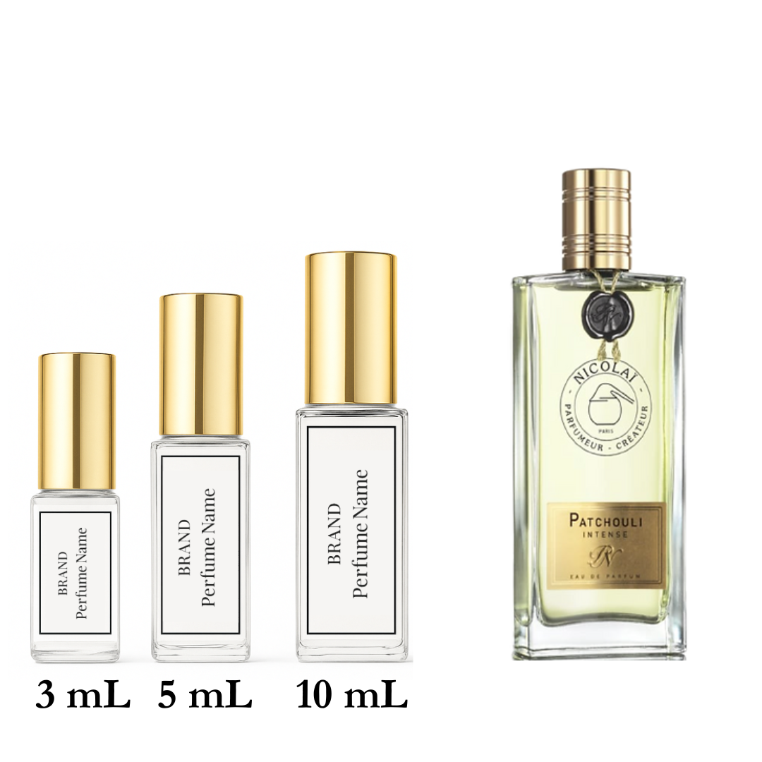 Set of Nicolai Patchouli Intense perfume bottles with different sizes on a white background