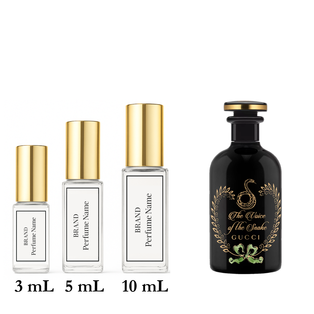 Collection of Gucci and other perfume bottles with different capacities on a white background