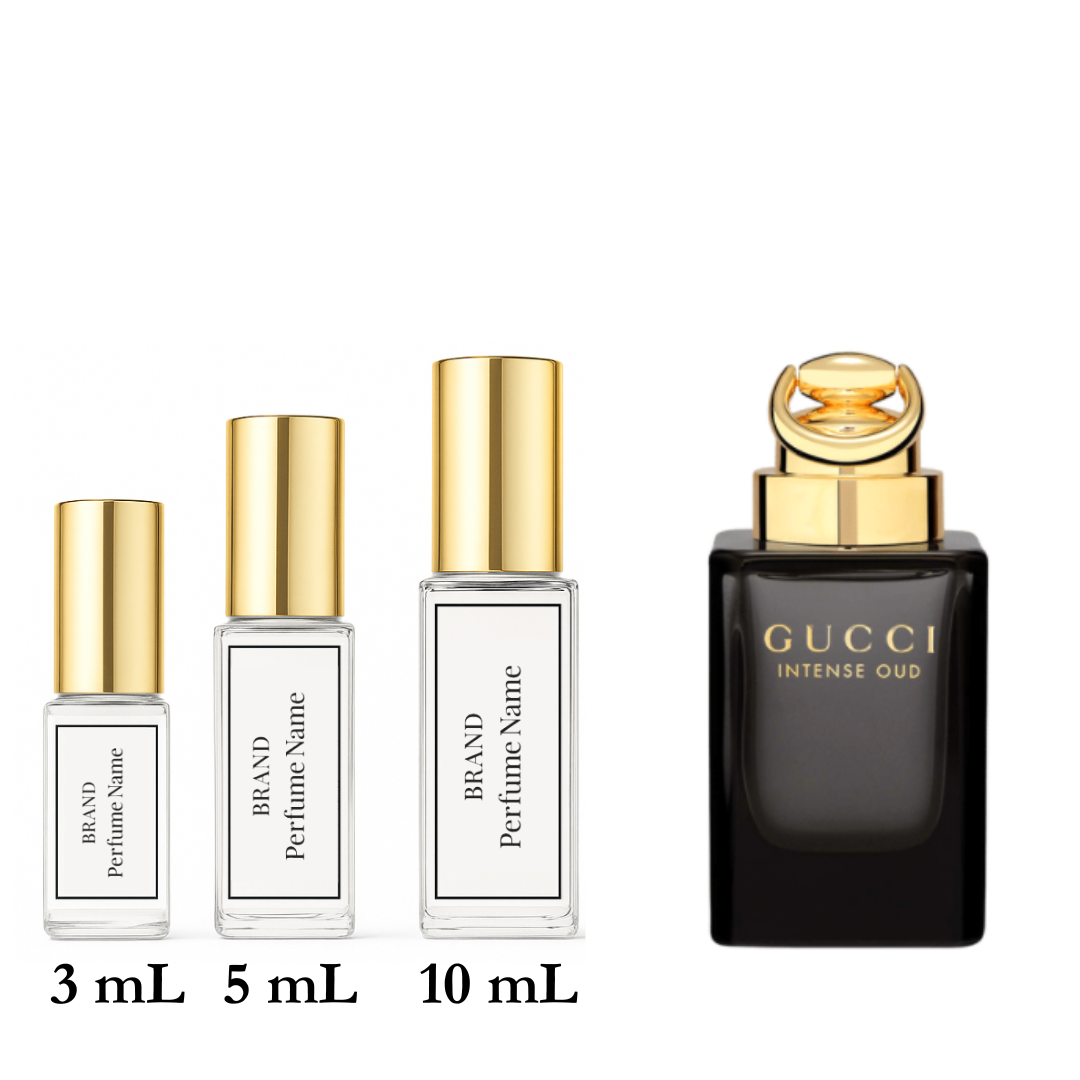 Set of perfume bottles with varying sizes on a white background