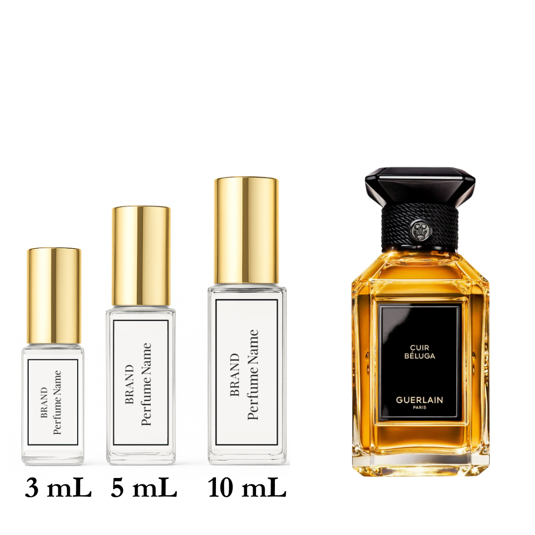 Four perfume bottles with different sizes on a white background