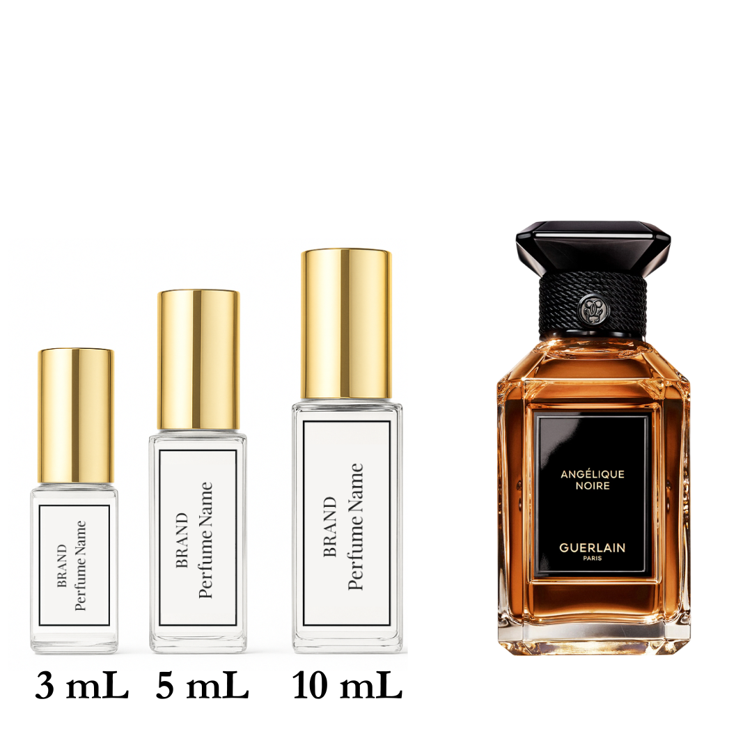 Four perfume bottles of different sizes with labels on a white background