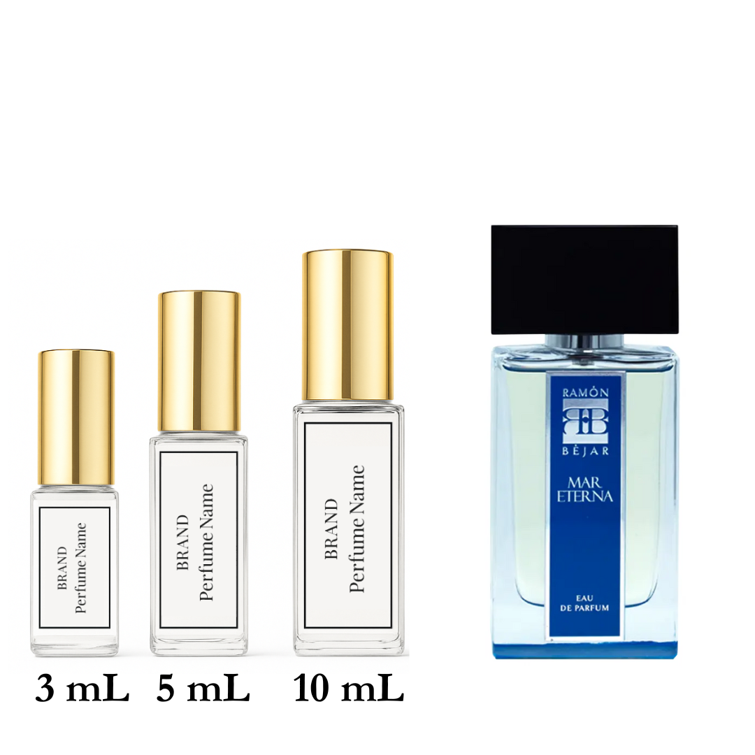 Collection of perfume bottles with different sizes on a white background