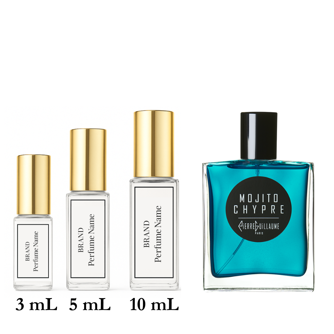Collection of perfume bottles with different sizes on a white background