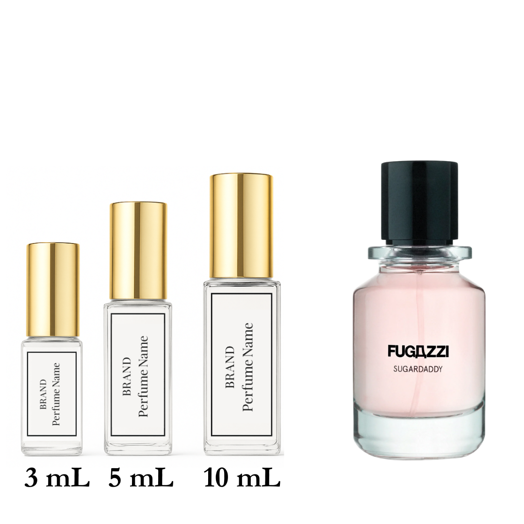 Set of four perfume bottles with different sizes and labels on a white background