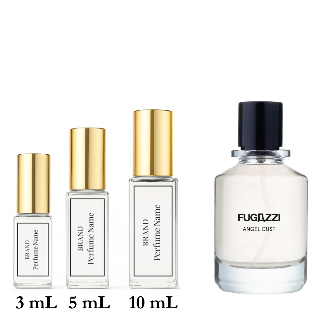 Set of perfume bottles with different sizes on a white background