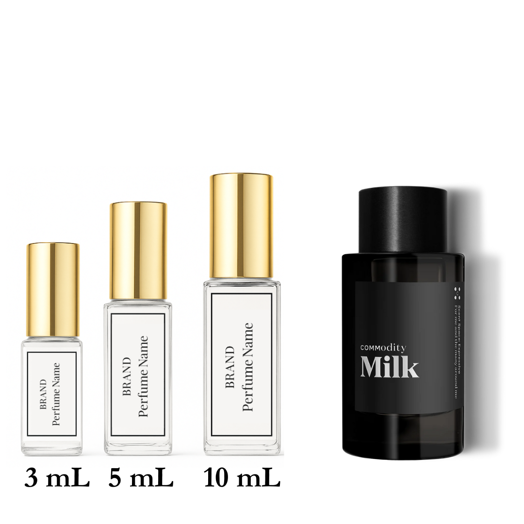 Set of perfume bottles with different sizes on a white background