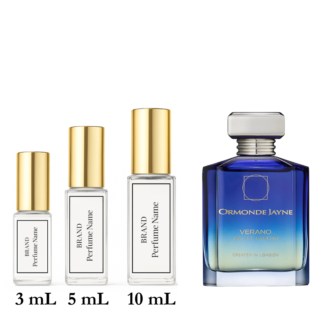 Collection of perfume bottles with different sizes on a white background