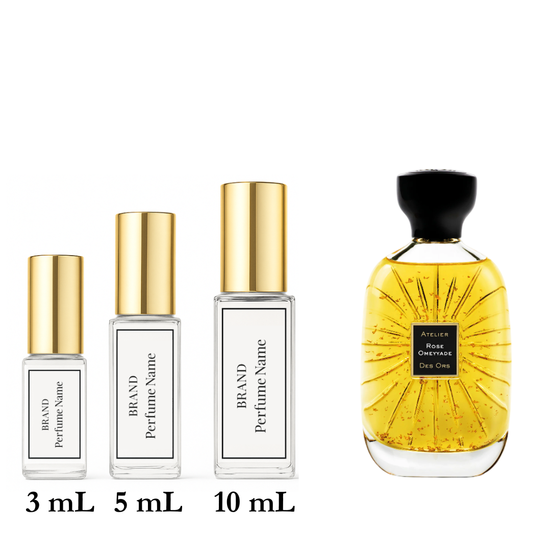 Set of perfume bottles with different sizes on a white background