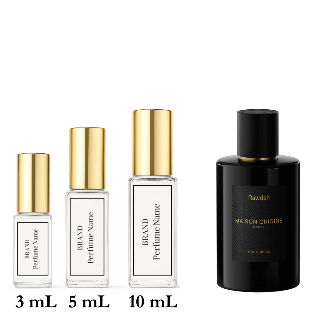 Collection of perfume bottles with different sizes on a white background
