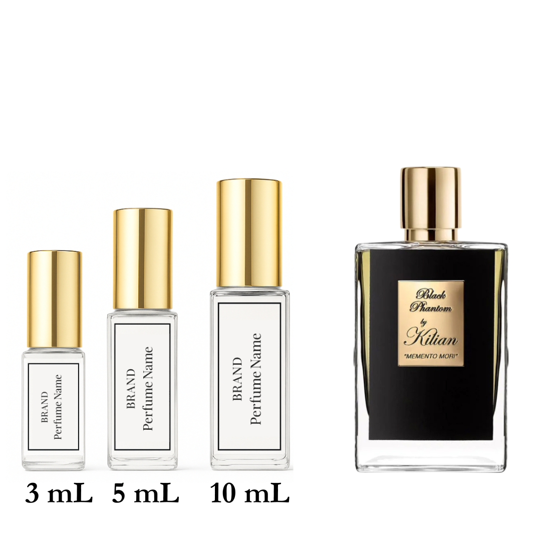 Set of perfume bottles with varying sizes on a white background