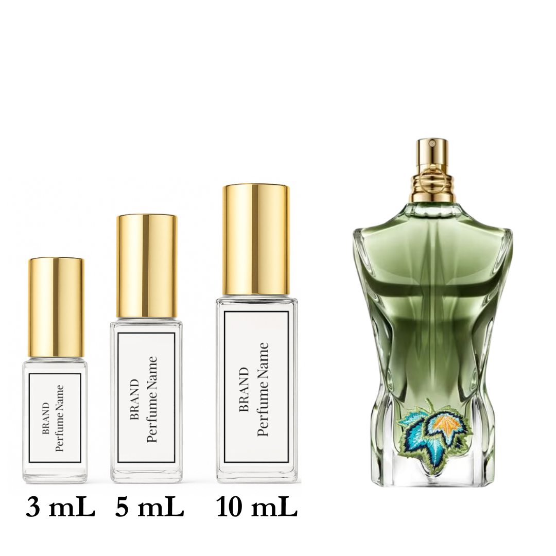 Set of perfume bottles with different sizes on a white background