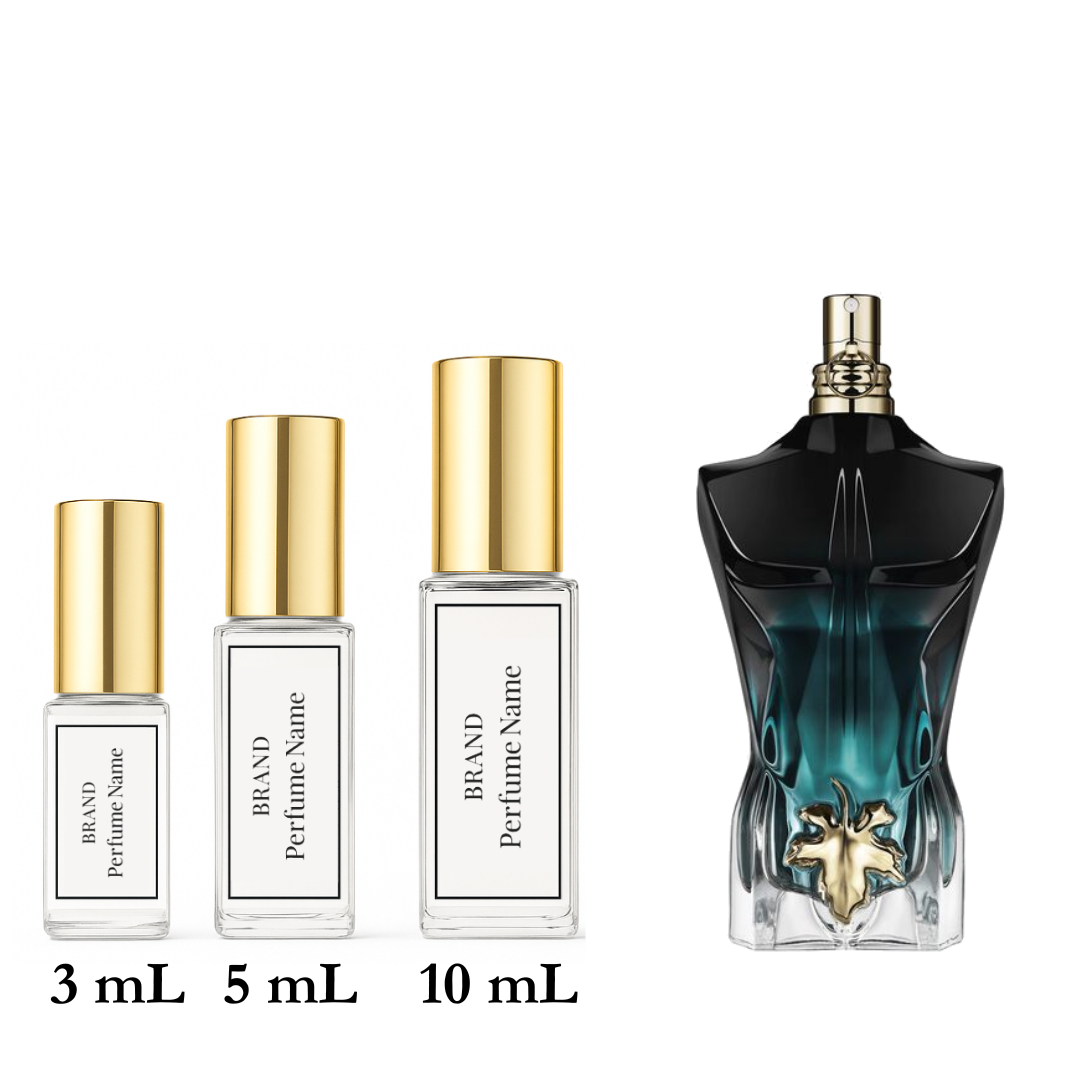 Set of perfume bottles with different sizes on a white background