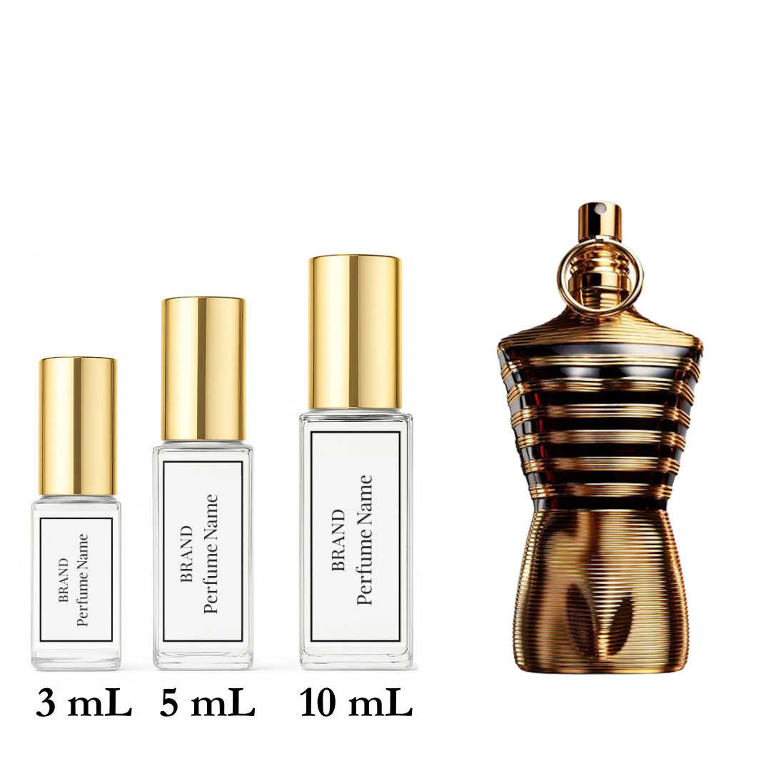 Set of perfume bottles with different sizes on a white background