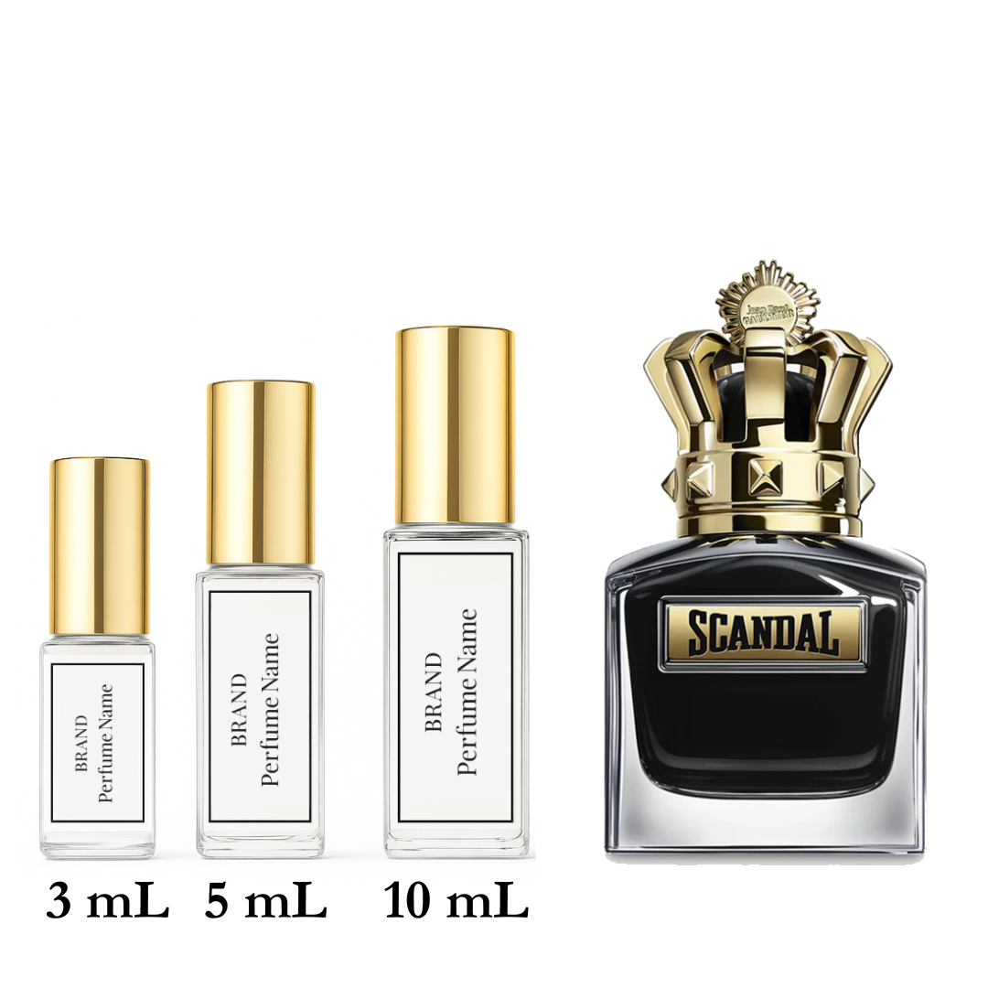 Collection of perfume bottles with different sizes on a white background