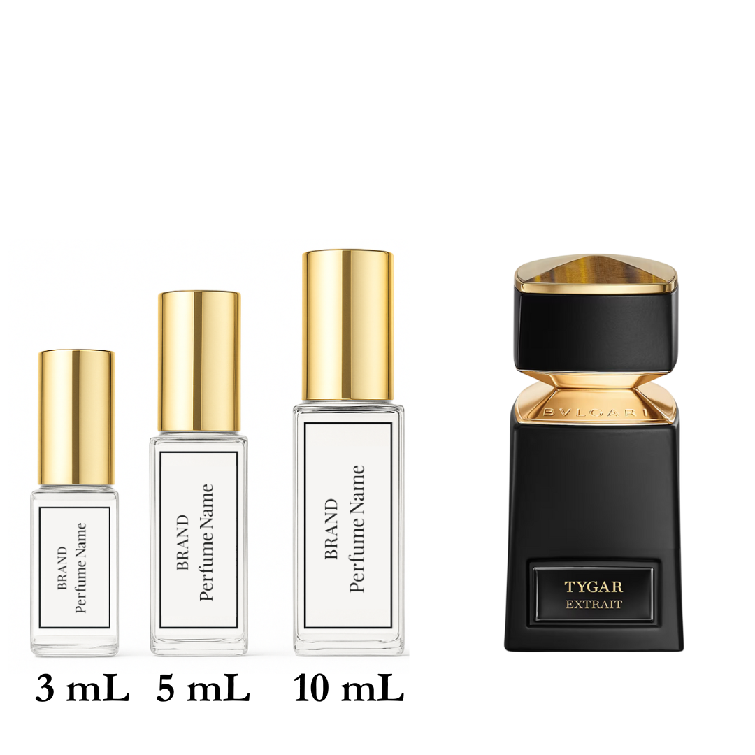 Set of four perfume bottles with varying sizes on a white background