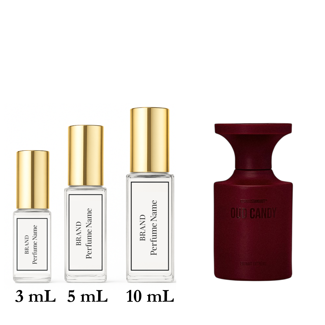 Set of perfume bottles with different sizes on a white background